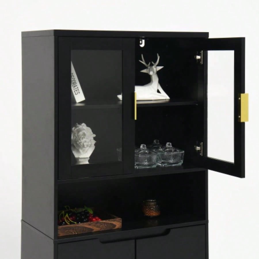 Tempered Glass Door Tall Storage Bookcase with adjustable board, 4 doors MDF painting finished cabinet, Black, Living room Bedroom storage