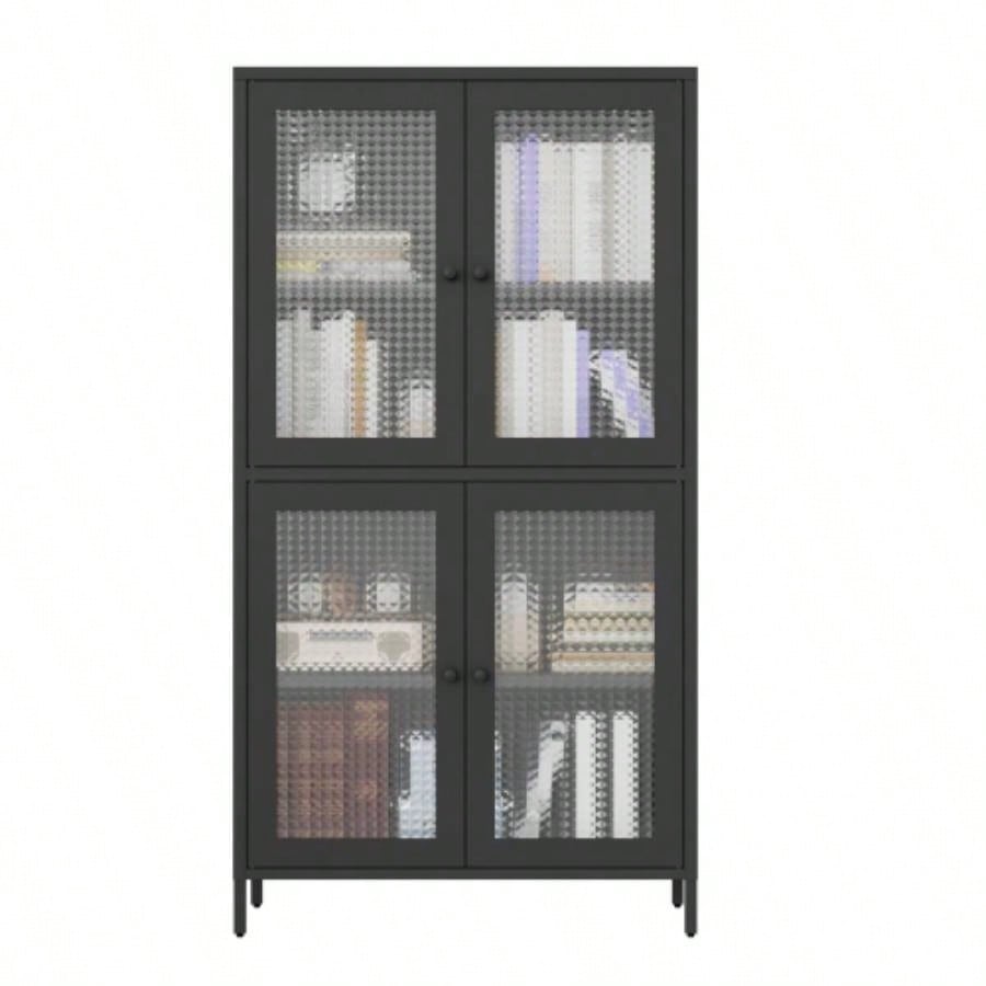 Classic Metal Storage Cabinet Display Cabinet with 4 Glass Doors 4 Shelves Cabinet Bookcase Side Cabinet Home Office Living Room Kitchen Hallway - Black, Waffle Grids Tempered Glass