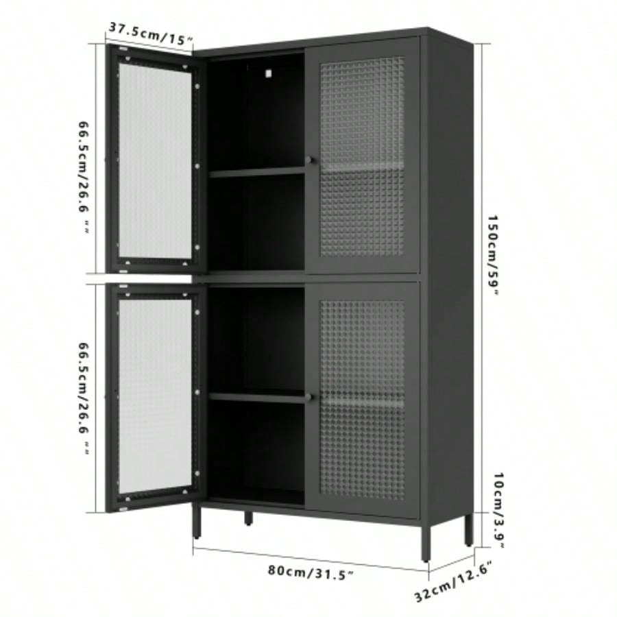 Classic Metal Storage Cabinet Display Cabinet with 4 Glass Doors 4 Shelves Cabinet Bookcase Side Cabinet Home Office Living Room Kitchen Hallway - Black, Waffle Grids Tempered Glass