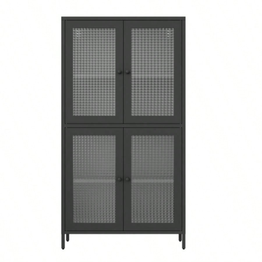 Classic Metal Storage Cabinet Display Cabinet with 4 Glass Doors 4 Shelves Cabinet Bookcase Side Cabinet Home Office Living Room Kitchen Hallway - Black, Waffle Grids Tempered Glass