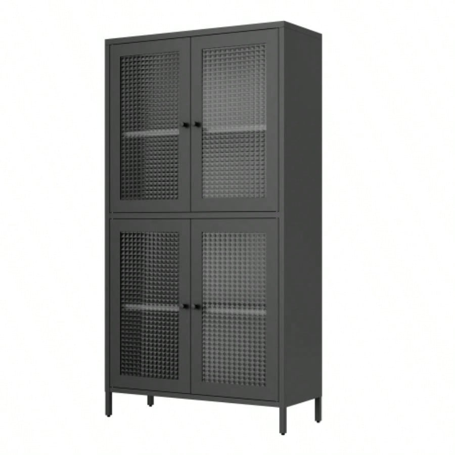 Classic Metal Storage Cabinet Display Cabinet with 4 Glass Doors 4 Shelves Cabinet Bookcase Side Cabinet Home Office Living Room Kitchen Hallway - Black, Waffle Grids Tempered Glass