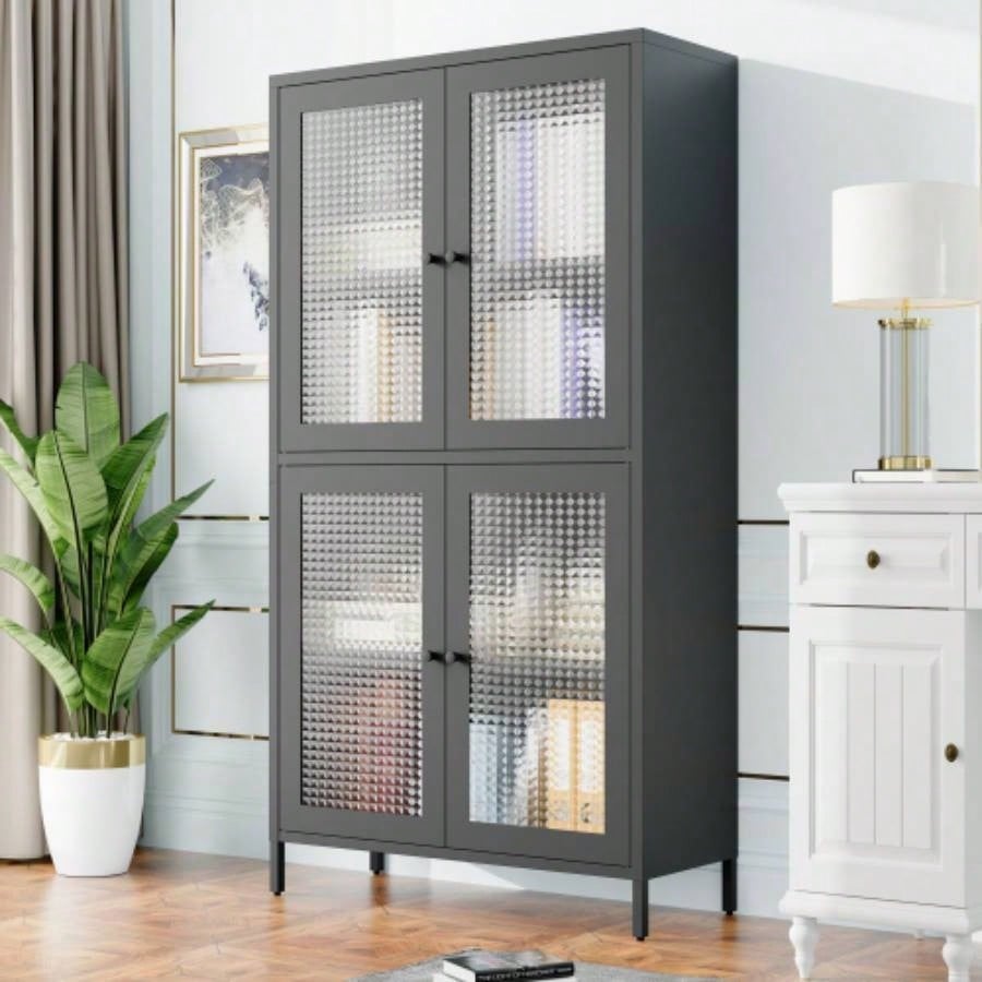 Classic Metal Storage Cabinet Display Cabinet with 4 Glass Doors 4 Shelves Cabinet Bookcase Side Cabinet Home Office Living Room Kitchen Hallway - Black, Waffle Grids Tempered Glass