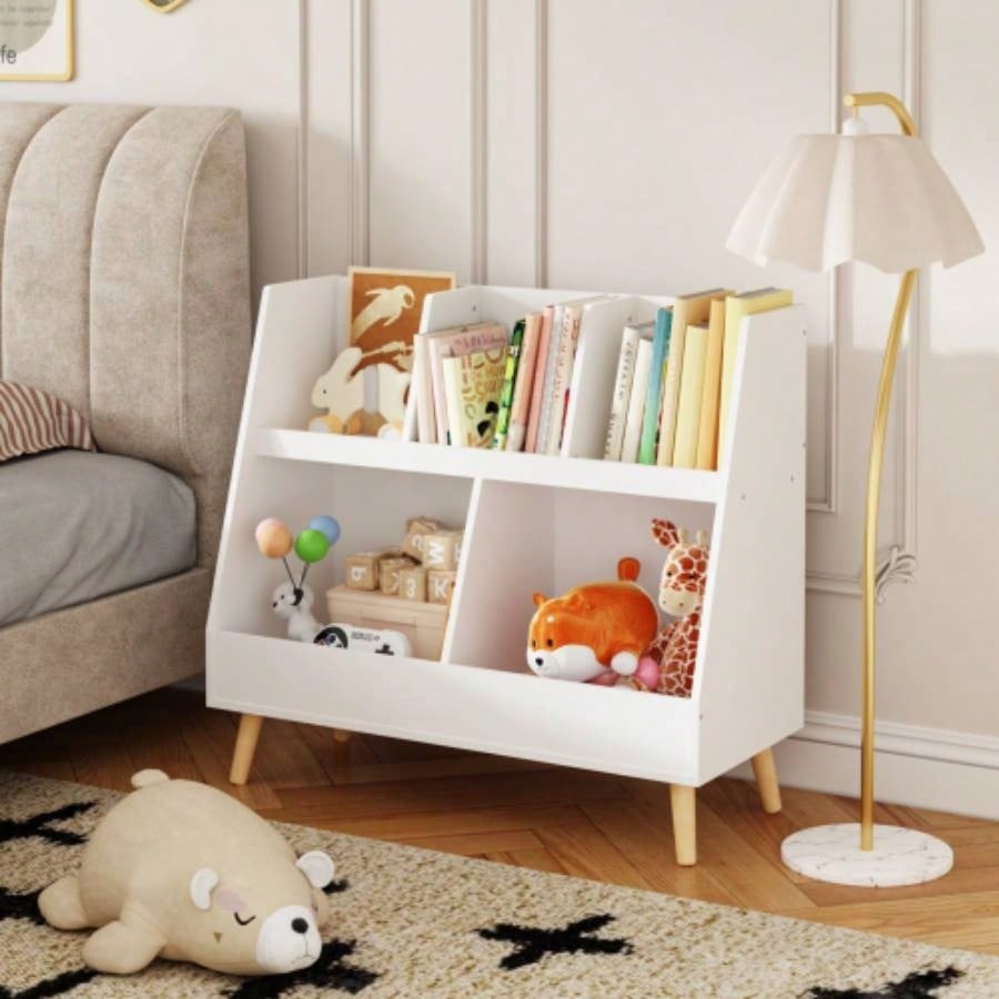 Kids Bookshelf and Toy Organizer, 5 Cubbies Wooden Open Bookcase, 2 - Tier Storage Display Organizer with, Standing Playing Room, Bedroom, Nursery, Classroom, White