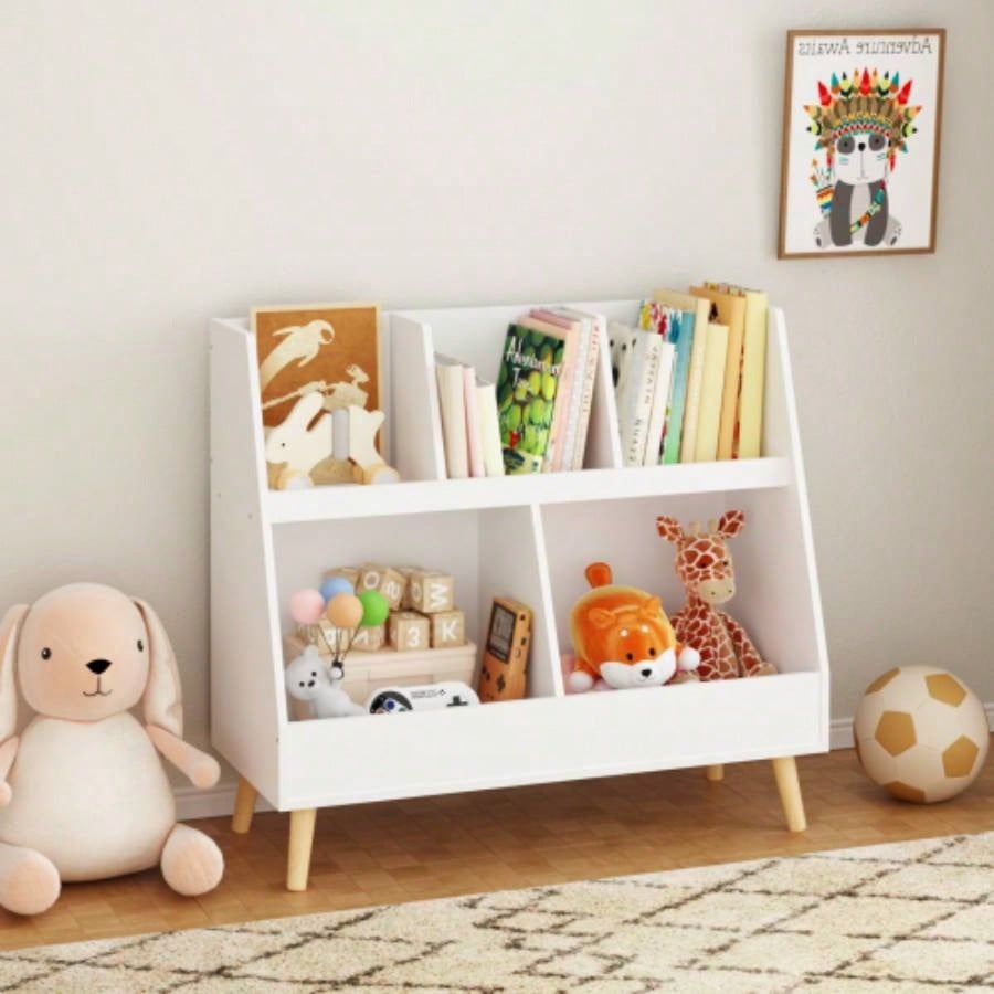 Kids Bookshelf and Toy Organizer, 5 Cubbies Wooden Open Bookcase, 2 - Tier Storage Display Organizer with, Standing Playing Room, Bedroom, Nursery, Classroom, White