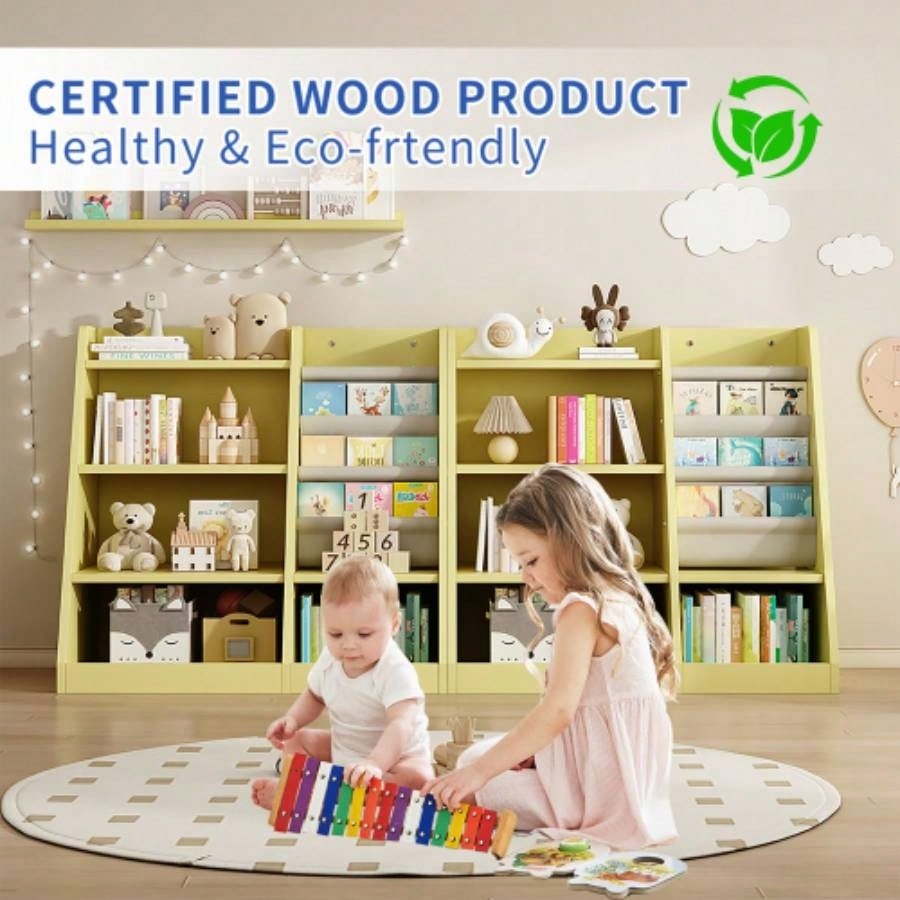 Yellow Wooden Toy Storage Organizer Cabinet Kids Bookshelf Children Bookcase Toddler Sling Book Rack Shelf Playroom Bedroom Nursery Hallway School Kindergarten Living Roomy