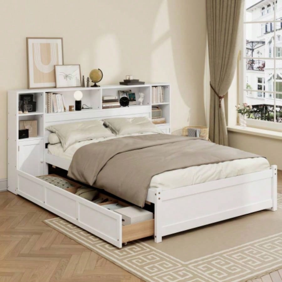 White Wooden Storage Bed with Tall Extended Bookcase Headboard, 6 Drawers and Charging Station Teens Adults, No Box Spring Needed, Twin
