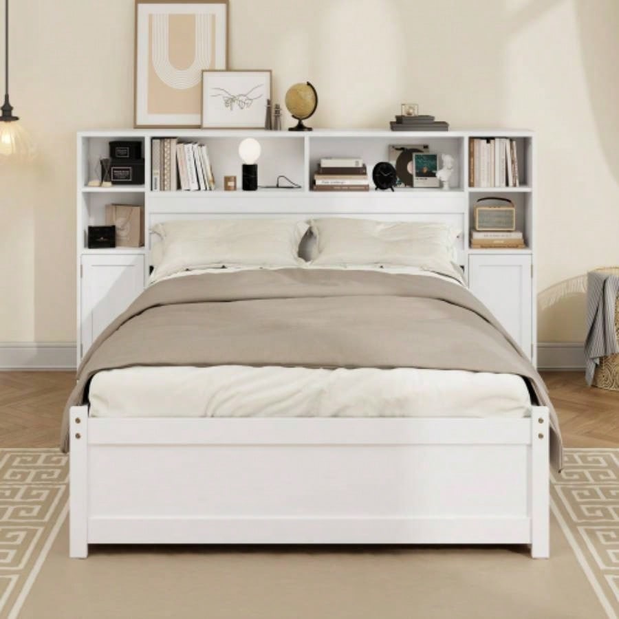 White Wooden Storage Bed with Tall Extended Bookcase Headboard, 6 Drawers and Charging Station Teens Adults, No Box Spring Needed, Twin
