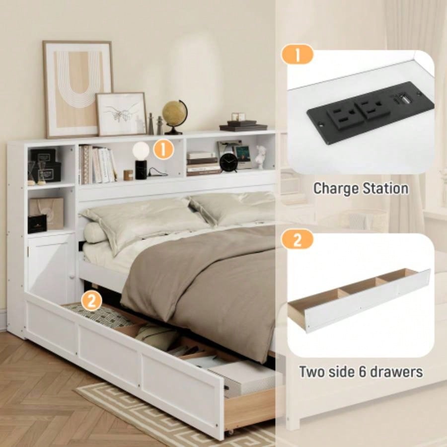 White Wooden Storage Bed with Tall Extended Bookcase Headboard, 6 Drawers and Charging Station Teens Adults, No Box Spring Needed, Twin