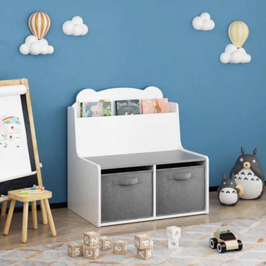 Kids Bookshelf with Storage Bins - Wooden Bookcase with Book Display Shelf and 2 Fabric Bins, Cute Bear - Shaped Backboard, Toy Organizer Toddlers and Children, White and Gray
