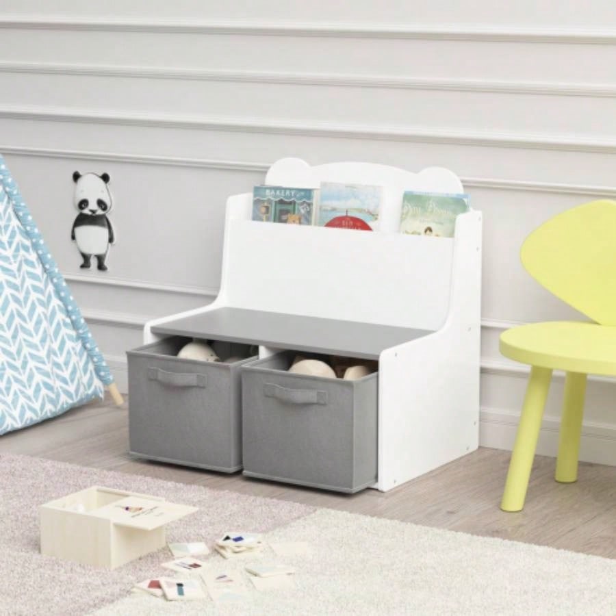 Kids Bookshelf with Storage Bins - Wooden Bookcase with Book Display Shelf and 2 Fabric Bins, Cute Bear - Shaped Backboard, Toy Organizer Toddlers and Children, White and Gray