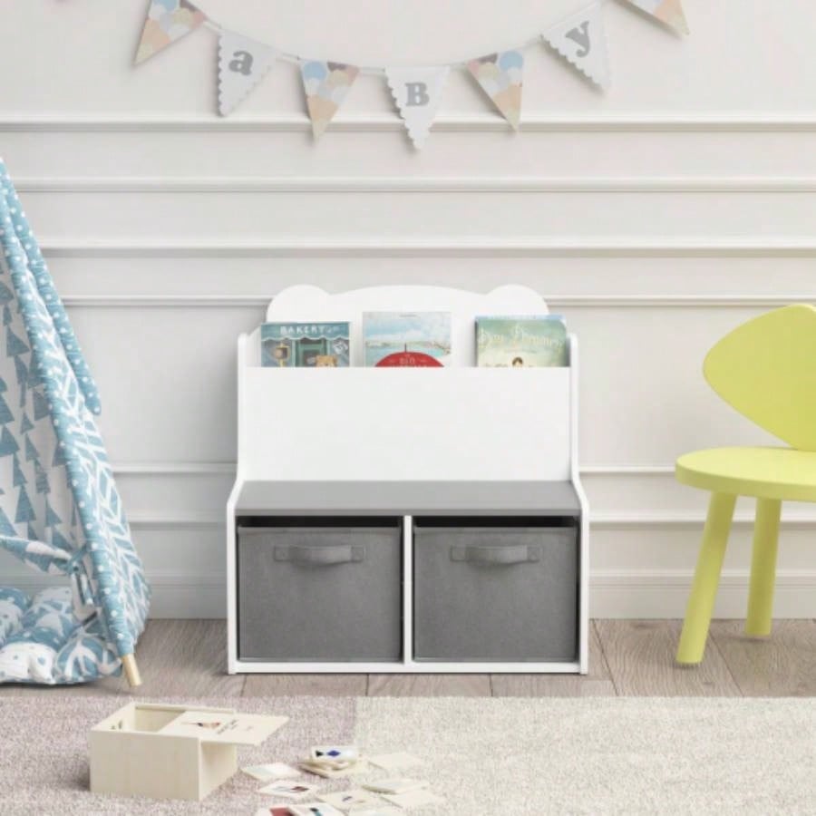 Kids Bookshelf with Storage Bins - Wooden Bookcase with Book Display Shelf and 2 Fabric Bins, Cute Bear - Shaped Backboard, Toy Organizer Toddlers and Children, White and Gray
