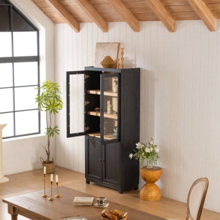 74.5H Ash Wood Grain Display Cabinet Bookcase with Storage, Pantry with Glass Doors Adjustable Shelves, Mid - Modern Bookshelf Curio Cabinet Hallways, Livingroom Kitchen Office - Black