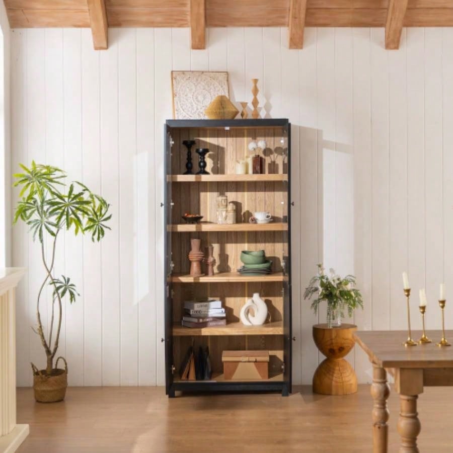 74.5H Ash Wood Grain Display Cabinet Bookcase with Storage, Pantry with Glass Doors Adjustable Shelves, Mid - Modern Bookshelf Curio Cabinet Hallways, Livingroom Kitchen Office - Black