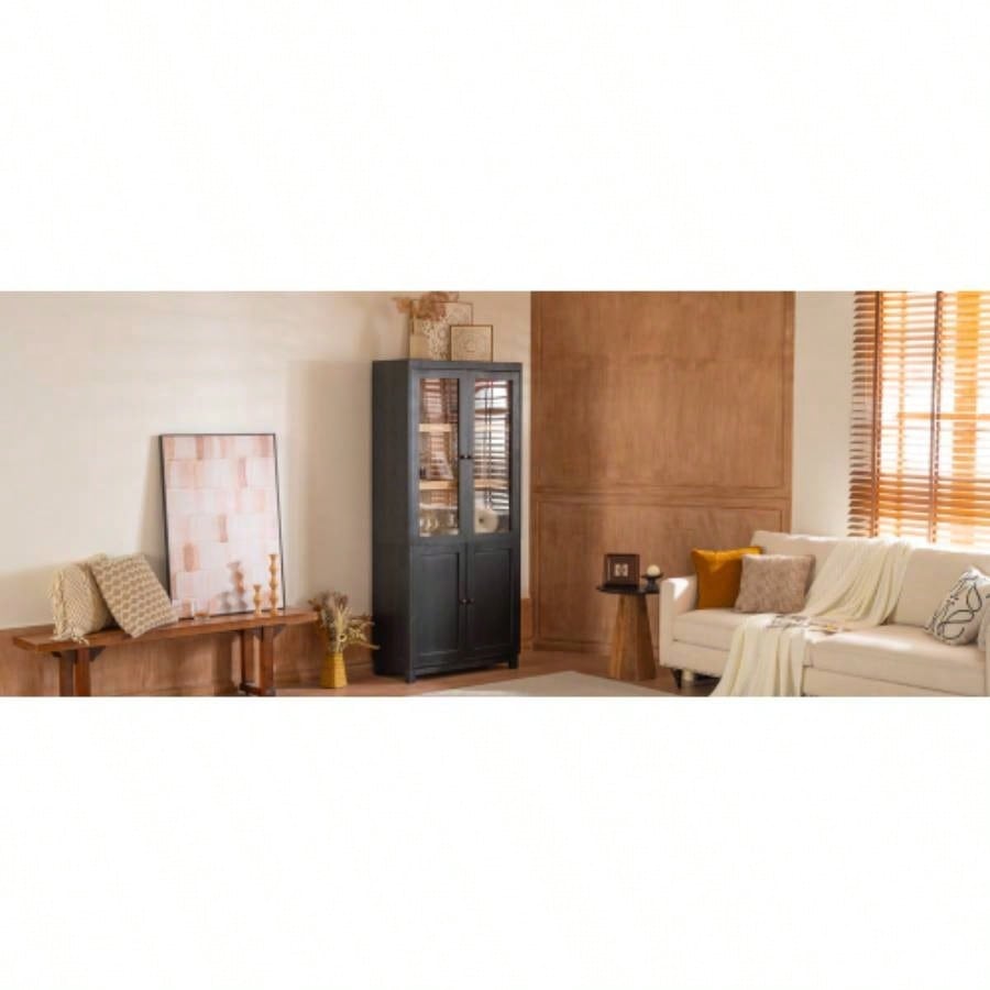 74.5H Ash Wood Grain Display Cabinet Bookcase with Storage, Pantry with Glass Doors Adjustable Shelves, Mid - Modern Bookshelf Curio Cabinet Hallways, Livingroom Kitchen Office - Black
