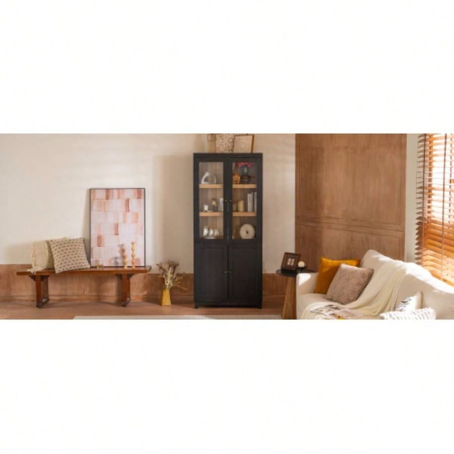 74.5H Ash Wood Grain Display Cabinet Bookcase with Storage, Pantry with Glass Doors Adjustable Shelves, Mid - Modern Bookshelf Curio Cabinet Hallways, Livingroom Kitchen Office - Black