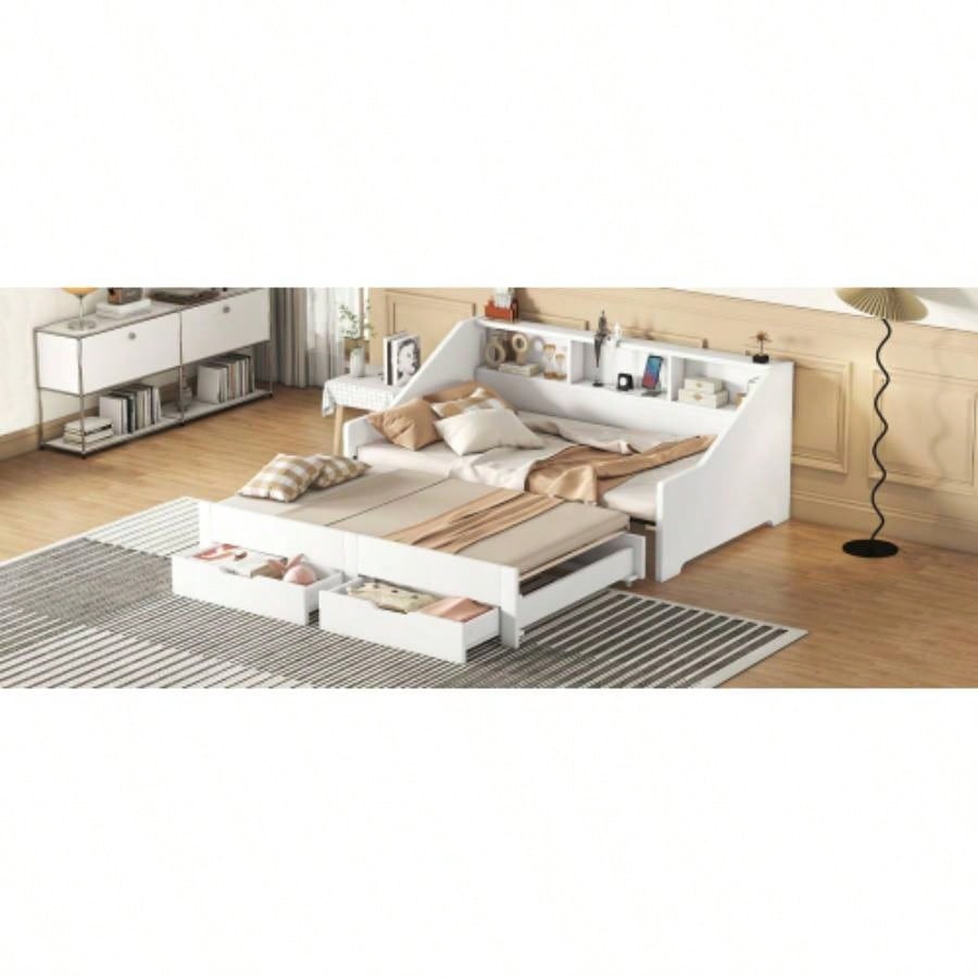 Twin to King Size Daybed Frame with Storage Bookcases and Two Drawers, Charging Design, White