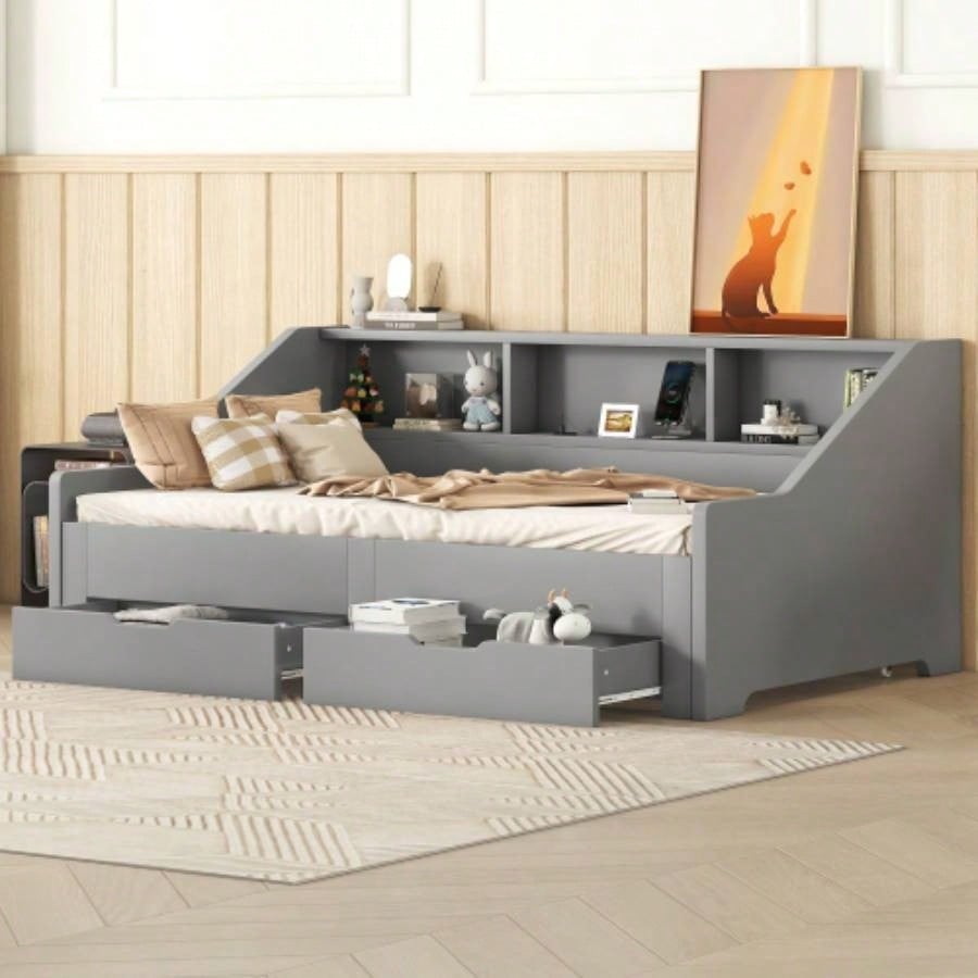 Twin to King Size Daybed Frame with Storage Bookcases and Two Drawers, Charging Design, Gray