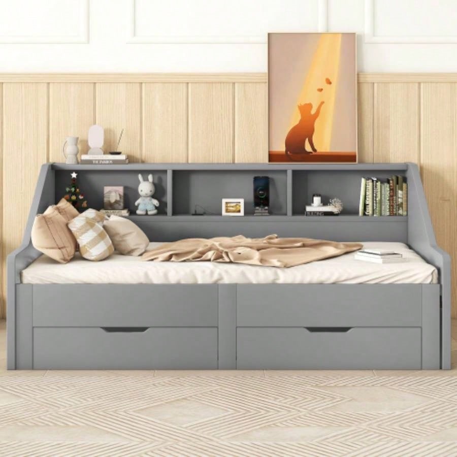 Twin to King Size Daybed Frame with Storage Bookcases and Two Drawers, Charging Design, Gray