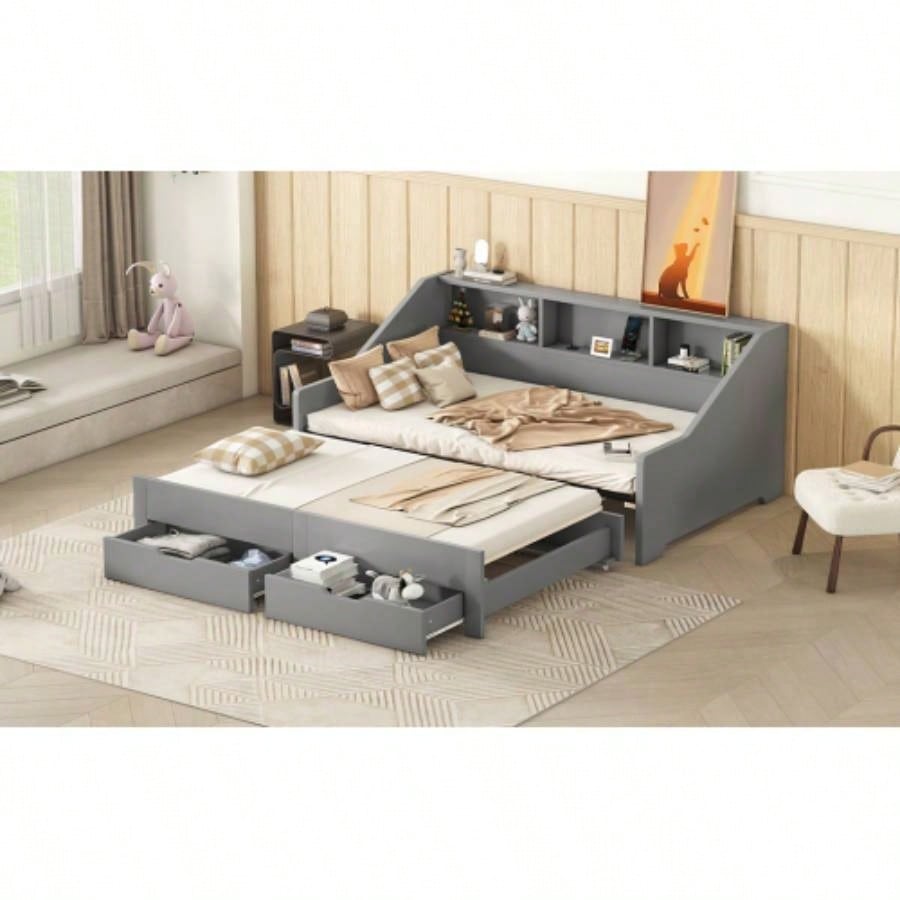 Twin to King Size Daybed Frame with Storage Bookcases and Two Drawers, Charging Design, Gray