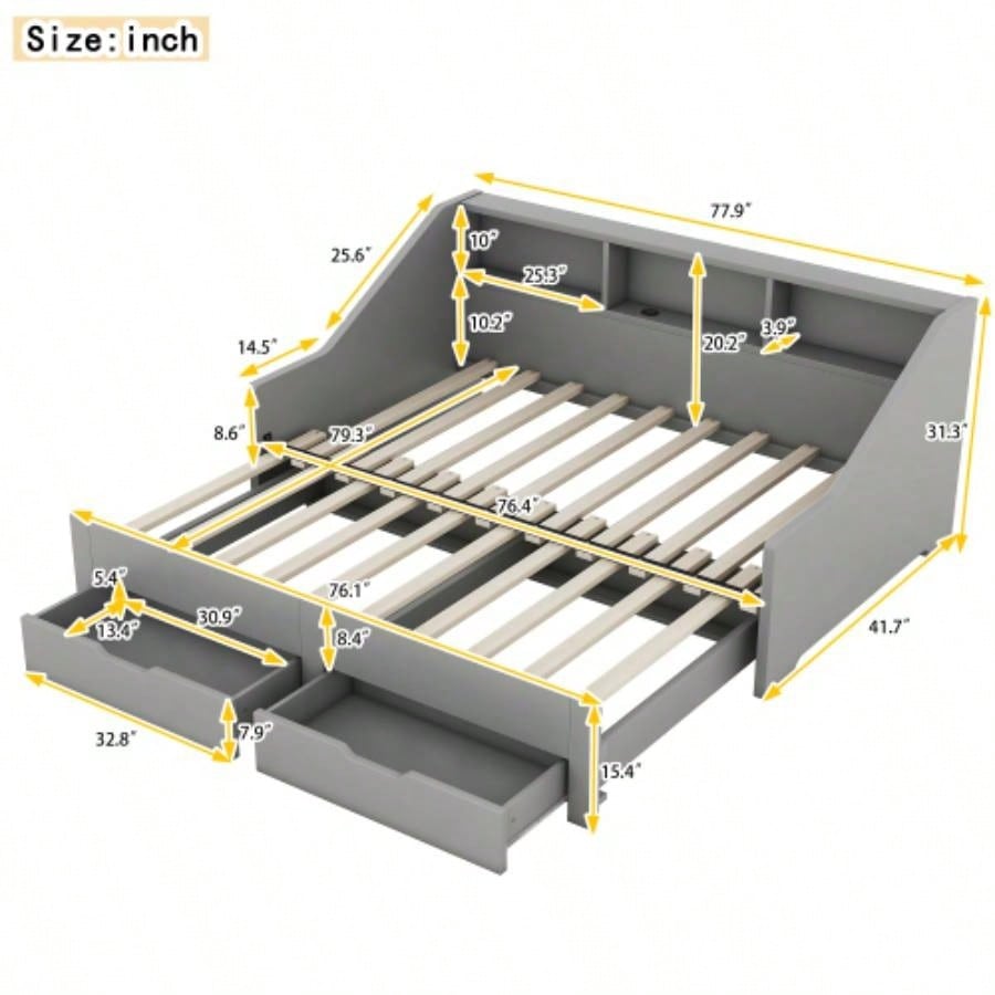 Twin to King Size Daybed Frame with Storage Bookcases and Two Drawers, Charging Design, Gray