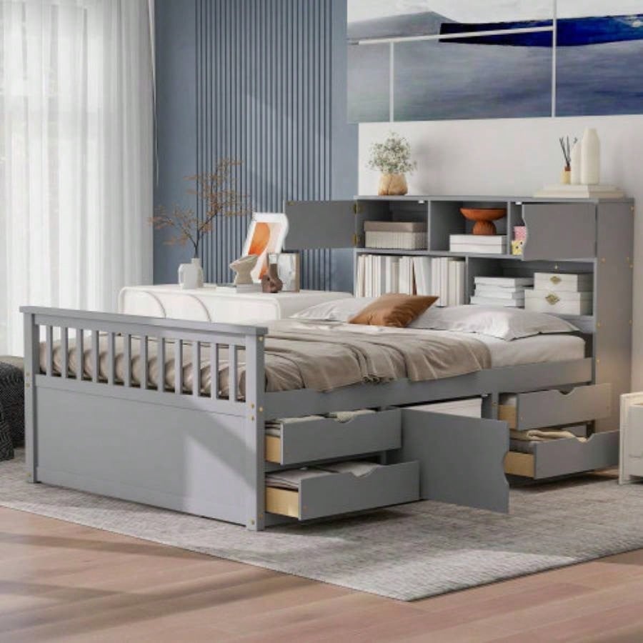 Full Size Captain Platform Bed Frame with Storage Bookcases and Shelves, Four Drawers, Gray