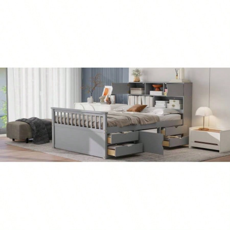 Full Size Captain Platform Bed Frame with Storage Bookcases and Shelves, Four Drawers, Gray