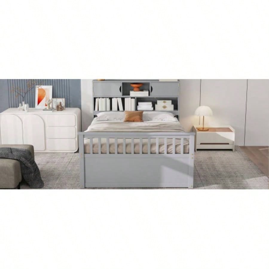 Full Size Captain Platform Bed Frame with Storage Bookcases and Shelves, Four Drawers, Gray