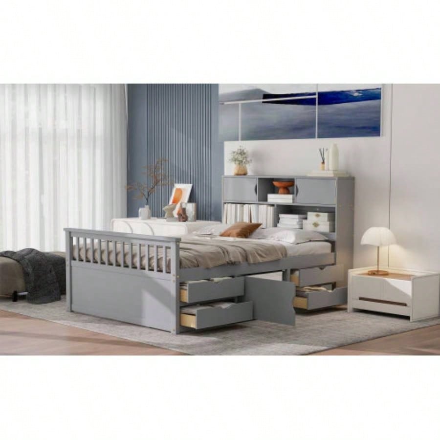 Full Size Captain Platform Bed Frame with Storage Bookcases and Shelves, Four Drawers, Gray