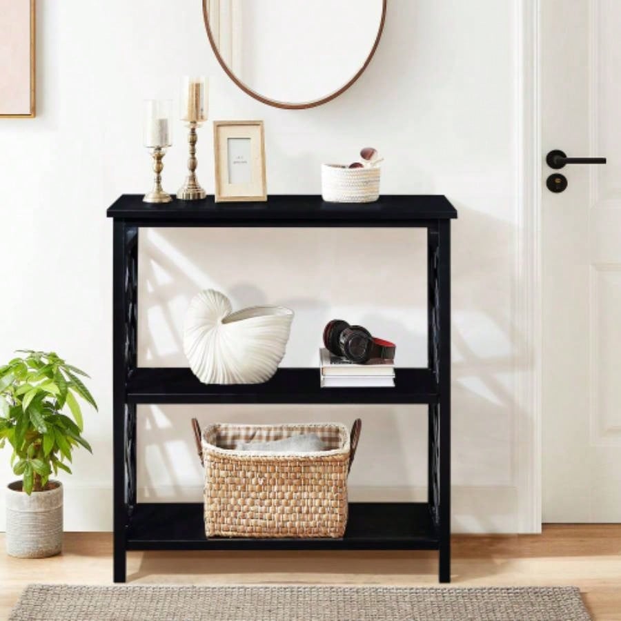 Console Table 3 - Tier with Storage Shelves, Open Bookshelf Bookcase with Solid Wood Hallway, Living Room and Bedroom. Black