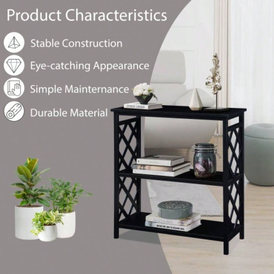 Console Table 3 - Tier with Storage Shelves, Open Bookshelf Bookcase with Solid Wood Hallway, Living Room and Bedroom. Black