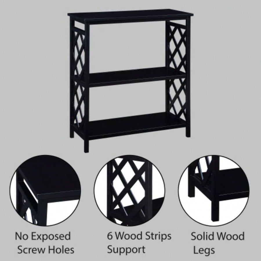Console Table 3 - Tier with Storage Shelves, Open Bookshelf Bookcase with Solid Wood Hallway, Living Room and Bedroom. Black