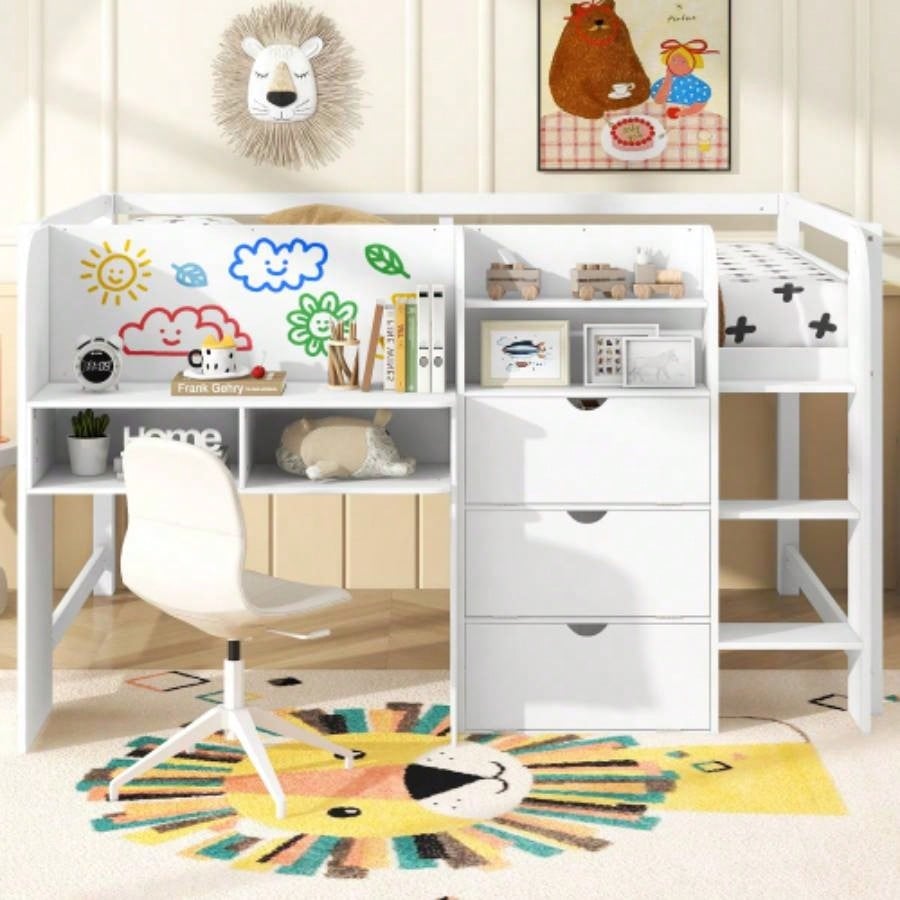 Full Size Low Loft Bed with Built - in Desk, Storage Cabinets and Open Bookcase, Whiteboard Graffiti, White