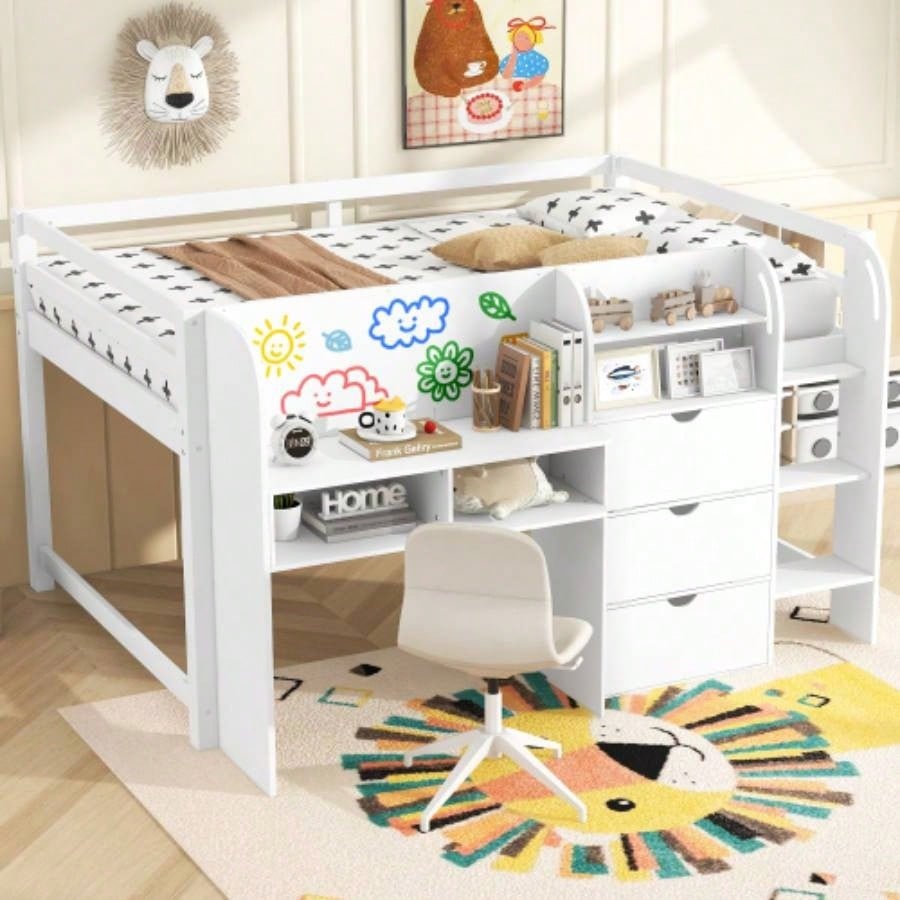 Full Size Low Loft Bed with Built - in Desk, Storage Cabinets and Open Bookcase, Whiteboard Graffiti, White