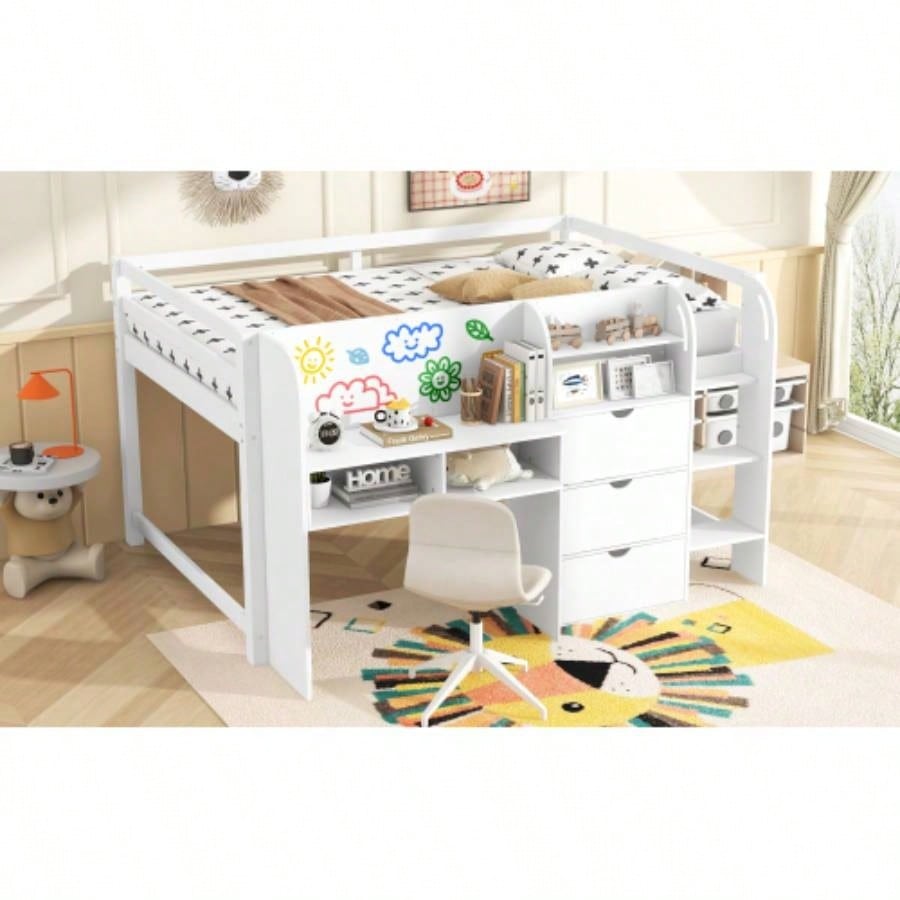 Full Size Low Loft Bed with Built - in Desk, Storage Cabinets and Open Bookcase, Whiteboard Graffiti, White