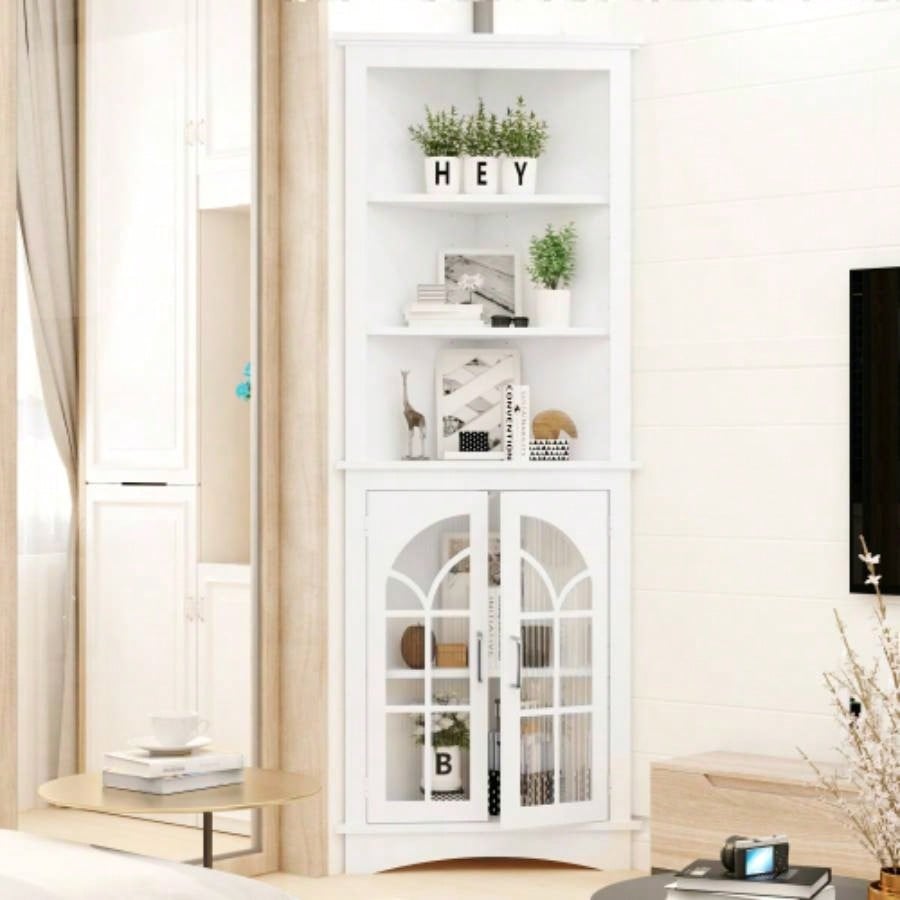 Corner Storage Cabinet, 63.3 Tall Freestanding Bookcase with Doors Adjustable Shelves, 5 - Tier Corner Display Cabinet Living Room, Office, Dining Room, White