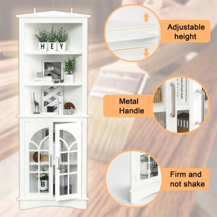 Corner Storage Cabinet, 63.3 Tall Freestanding Bookcase with Doors Adjustable Shelves, 5 - Tier Corner Display Cabinet Living Room, Office, Dining Room, White