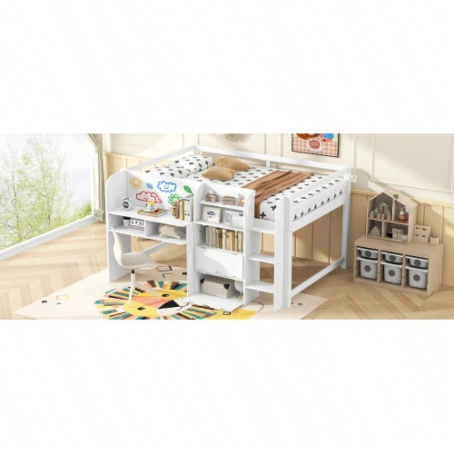 Full Size Low Loft Bed with Built - in Desk, Storage Cabinets and Open Bookcase, Whiteboard Graffiti, White