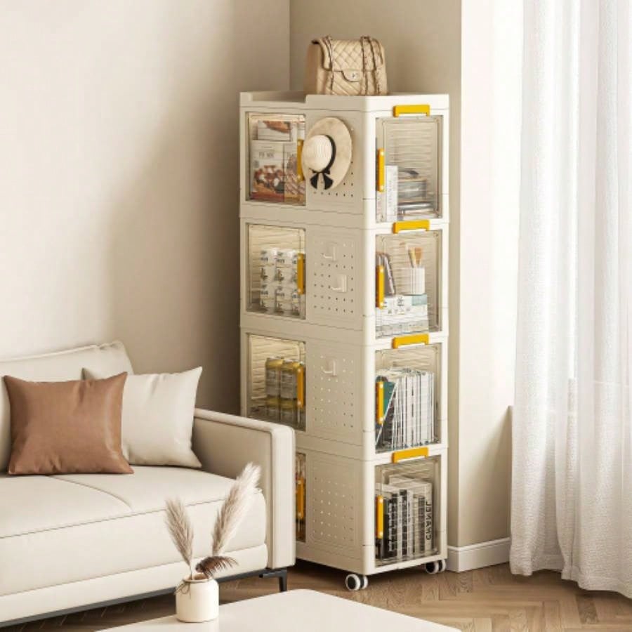 4 - Tier Rolling Storage bookcase with Wheels, Large Capacity Storage bins, Mobile Multifunction Utility Rolling Storage Organizer, Mobile Shelvi, living room, office