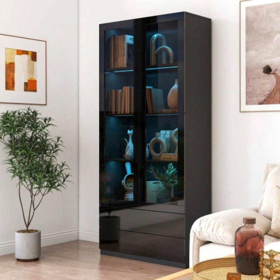 Display Cabinet with Glass Doors, Curio Storage Cabinet with 2 - Drawer, Bookcase with LED Lights, Black