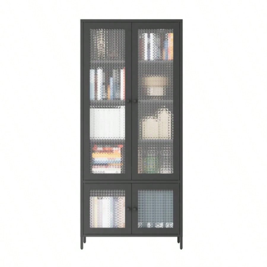 Large Metal Storage Cabinet Display Cabinet with 4 Glass Doors 5 Shelves Side Cabinet Bookcase Freestanding Cabinet Bedroom Living Room Pantry Home Office - Black, Waffle - Grids Tempered Glass
