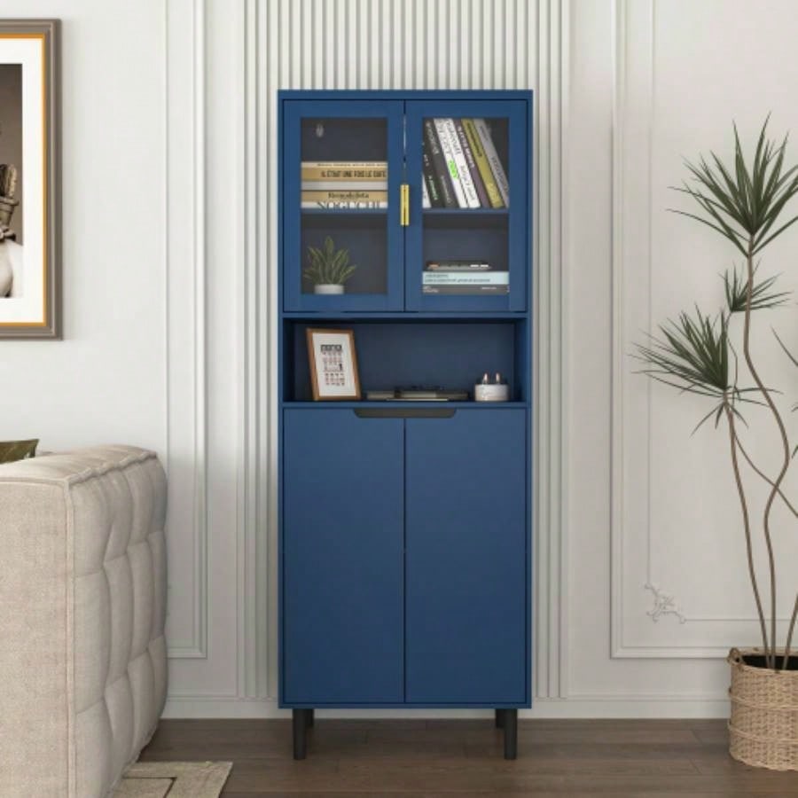 Tempered Glass Door Tall Storage Bookcase with adjustable board, 4 doors MDF painting finished cabinet, Navy Blue, Living room Bedroom storage