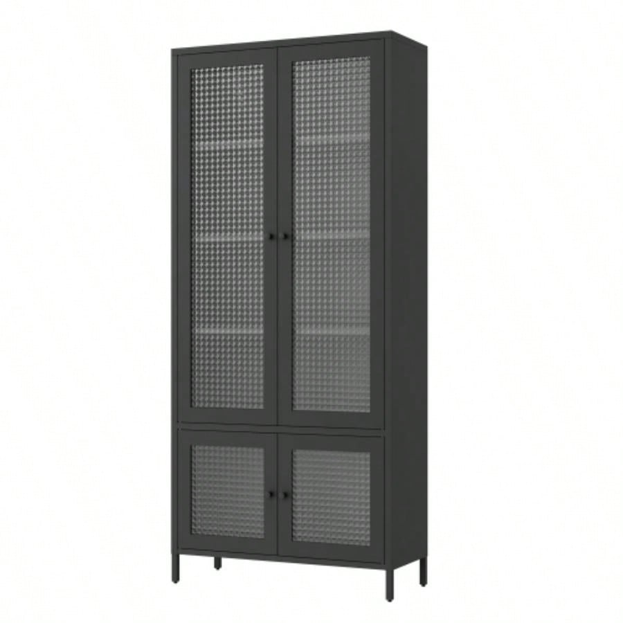 Large Metal Storage Cabinet Display Cabinet with 4 Glass Doors 5 Shelves Side Cabinet Bookcase Freestanding Cabinet Bedroom Living Room Pantry Home Office - Black, Waffle - Grids Tempered Glass