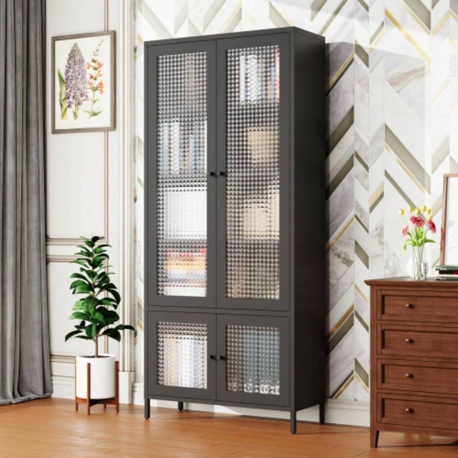 Large Metal Storage Cabinet Display Cabinet with 4 Glass Doors 5 Shelves Side Cabinet Bookcase Freestanding Cabinet Bedroom Living Room Pantry Home Office - Black, Waffle - Grids Tempered Glass