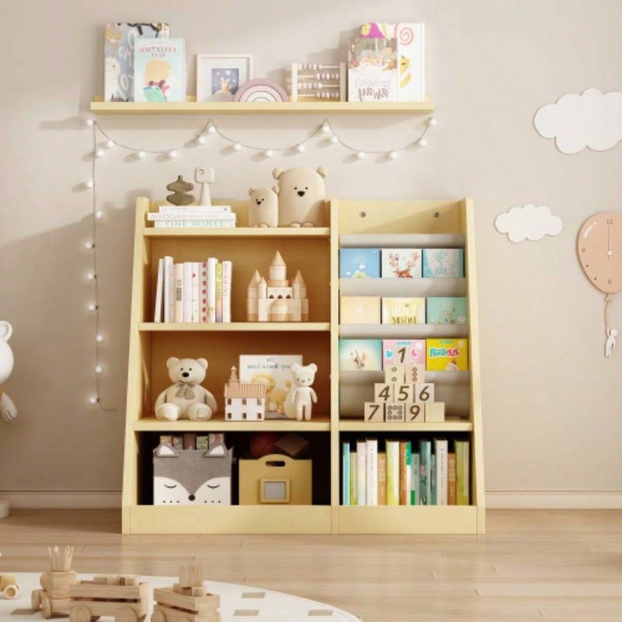 Wooden Toy Storage Organizer Cabinet Natural/ Wood Kids Bookshelf Children Bookcase Toddler Sling Book Rack Shelf Playroom Bedroom Nursery Hallway School Kindergarten Living room
