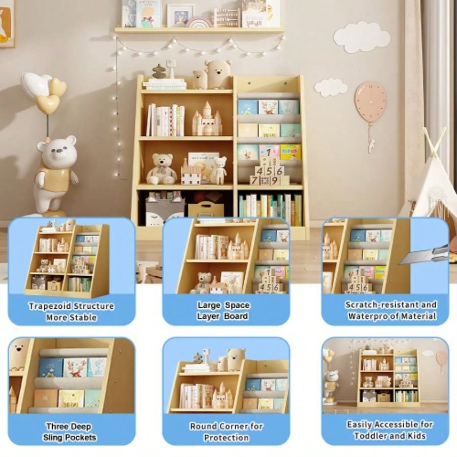 Wooden Toy Storage Organizer Cabinet Natural/ Wood Kids Bookshelf Children Bookcase Toddler Sling Book Rack Shelf Playroom Bedroom Nursery Hallway School Kindergarten Living room