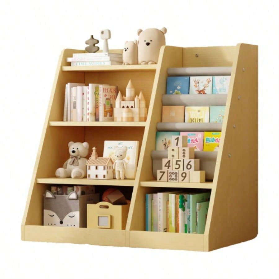 Wooden Toy Storage Organizer Cabinet Natural/ Wood Kids Bookshelf Children Bookcase Toddler Sling Book Rack Shelf Playroom Bedroom Nursery Hallway School Kindergarten Living room