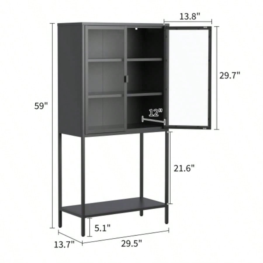 59H Heavy Duty Metal Storage Cabinet, Sideboards Buffet, Display Storage Cabinet with Glass Doors and 2 Adjustable Shelves, Tall Bookcase Modern Bookshelf Cabinet Home Office, Living Room