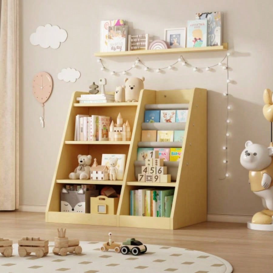 Wooden Toy Storage Organizer Cabinet Natural/ Wood Kids Bookshelf Children Bookcase Toddler Sling Book Rack Shelf Playroom Bedroom Nursery Hallway School Kindergarten Living room