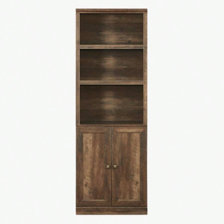 1 Doors Bookshelf with USB Port and 3 Open Shelves Bookcase Side Cabinet Storage Shelves, Rustic Brown