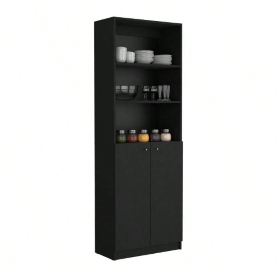 Vinton 2 - Door Bookcase with Upper Shelves, Black